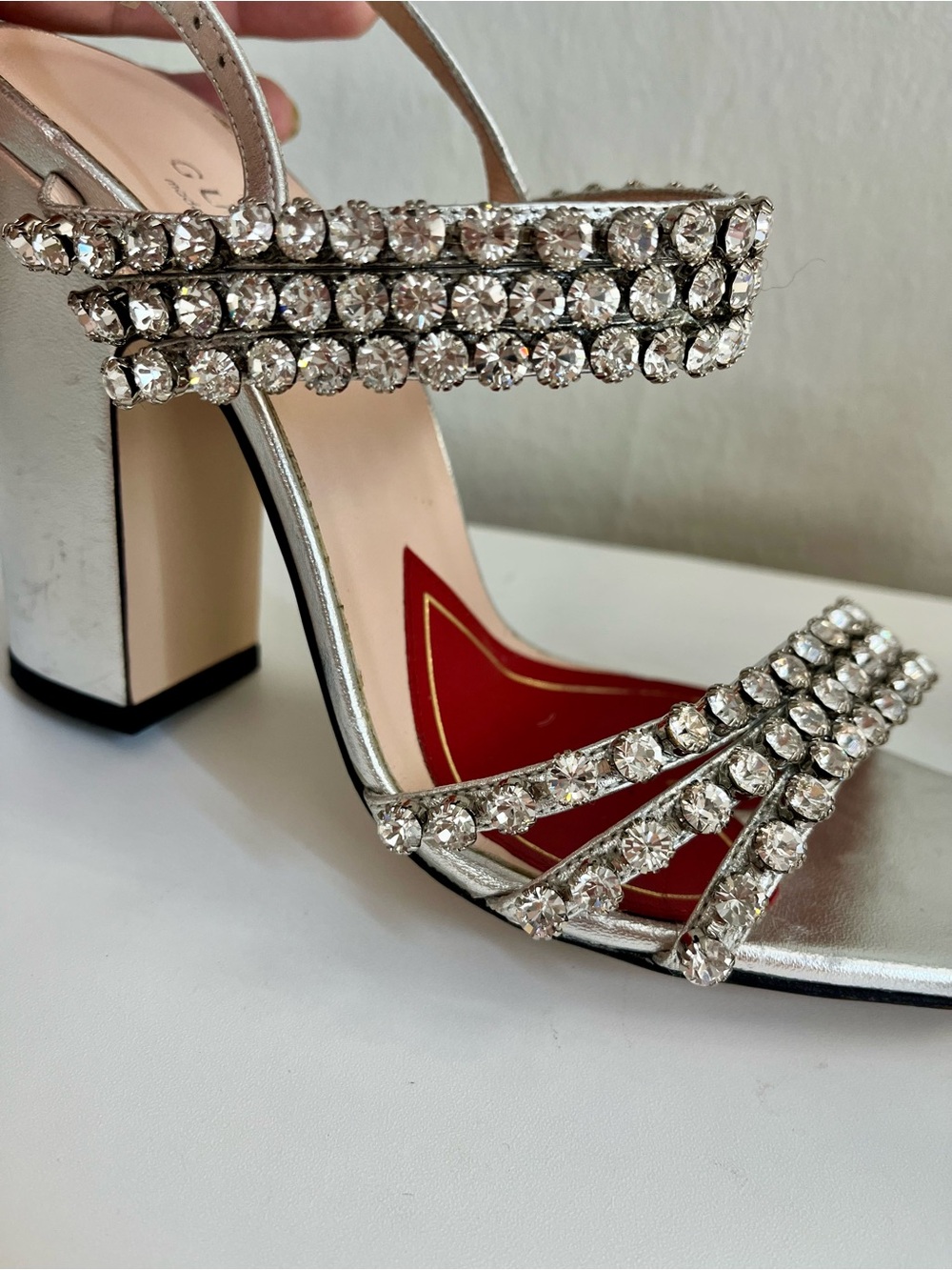 Gucci Bertie Crystal Metallic Leather Sandals Size 36.5 - Picture 8 of 16